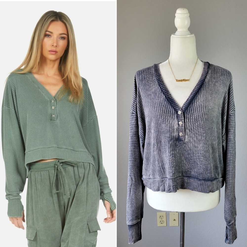 MICHAEL LAUREN // super soft ribbed plunge v-neck Henley thumbhole bastian top
